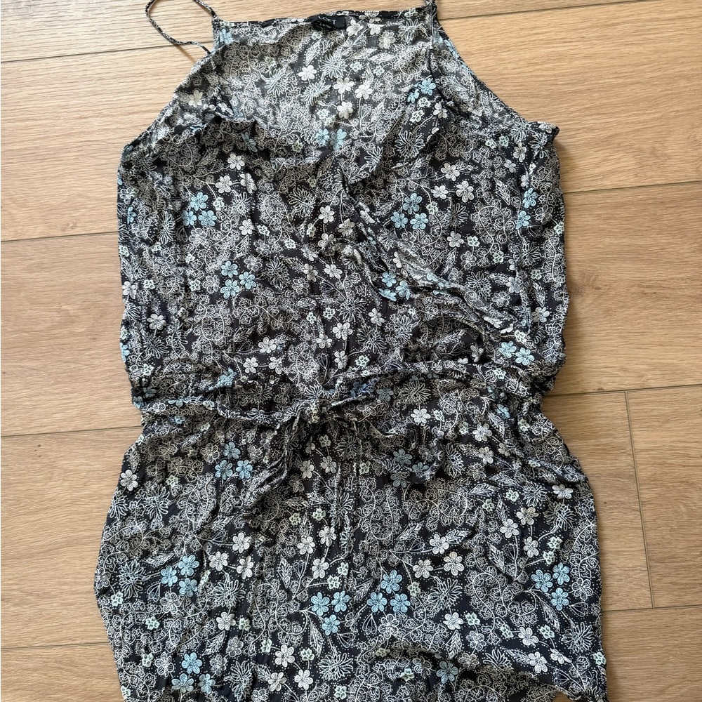 LOFT Black Floral Tie-Waist Romper with Light Blue Accents